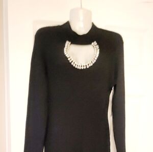 Black Pencil Long Sleeve rhinestone lined neck dress